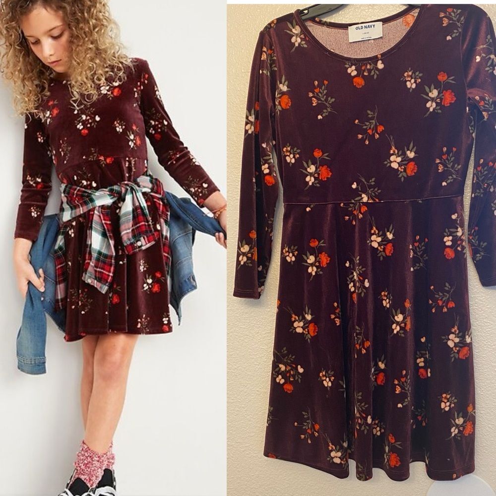 Old Navy Long Sleeve Velvet Fit & Flare burgundy red floral stretch Dress 10-12